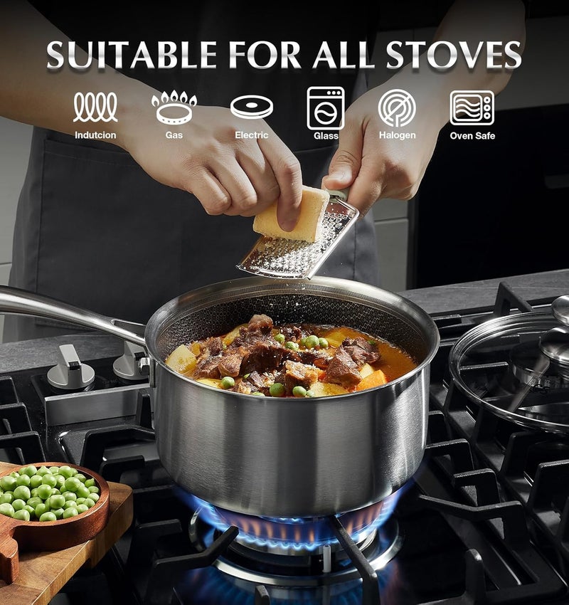 KOCH SYSTEME CS Hybrid Nonstick Stainless Steel Saucepan, 2 Quart Tri-Ply Stainless Steel Sauce Pan with Nonstick Honeycomb Interior, Hybrid Sauce Pan with Lid, Small Steel Pot, Induction Compatible - Image 4